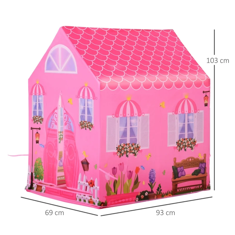 HOMCOM Girls Kids Pink Tent Play Princess House patterned Foldable with Easy Setup Doors Gift