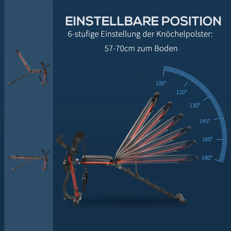 HOMCOM halterbank verstelbare trainingsbank met elastisch touw sit-up bank voor thuistraining 6 stappen rugleuning helling gewicht tot 150 kg staal kunstleer zwart + rood 145 x 49 x 57-127 cm