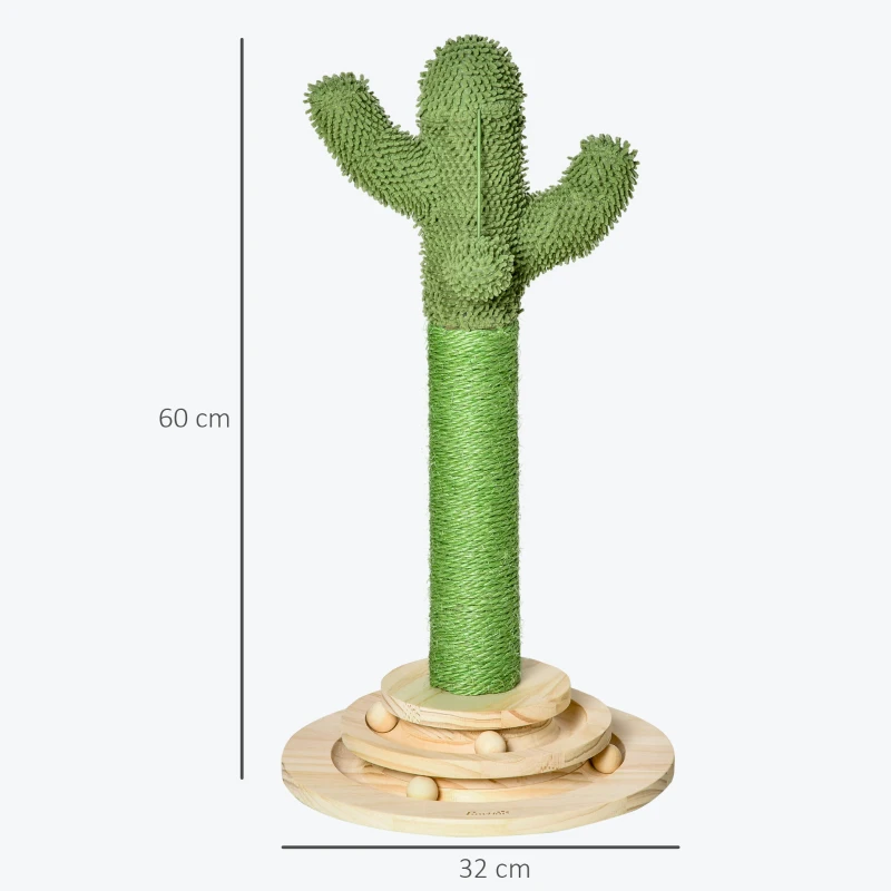 PawHut katten krabpaal cactus kattenboom grenenhout sisaltouw krabpaal met houten ballen speelgoed voor katten 60 cm hoog groen + naturel