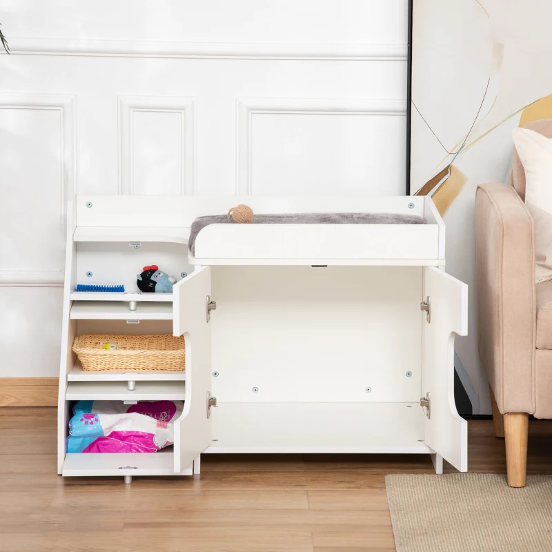 PawHut kattentoilet kattenbak met 3 traptreden kattenhuis kattenkast voor kattenbed met deuropening PB paneel wit 90 x 48 x 59 cm