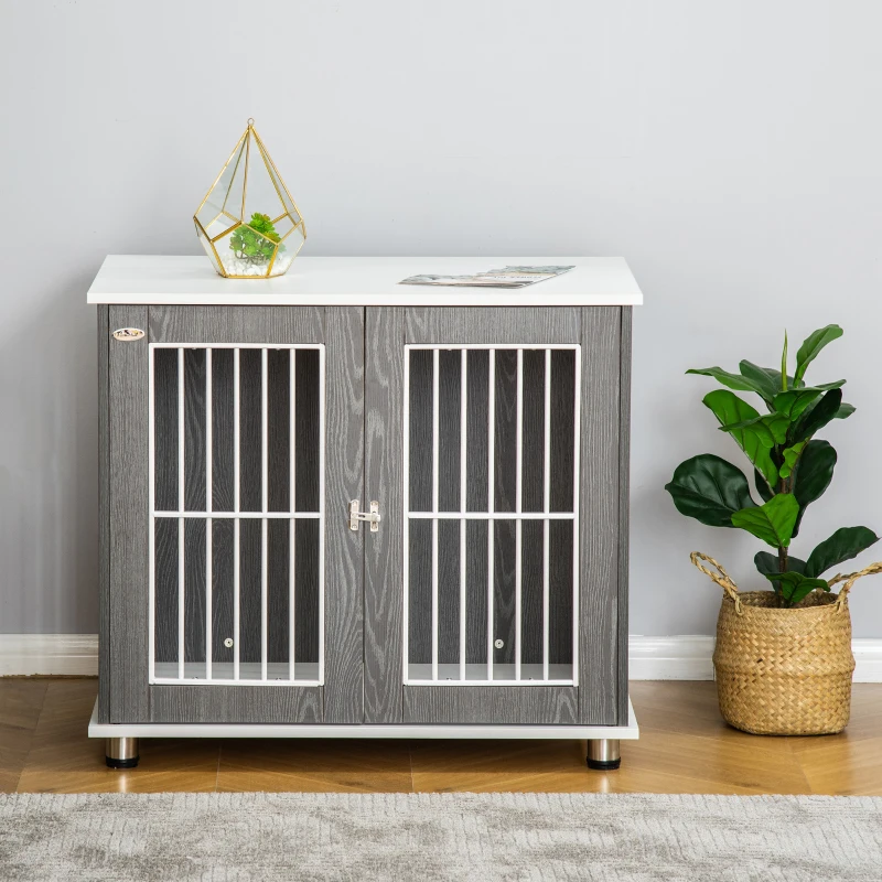 PawHut 2 in 1 design hondenbench hondenhok hondentransportbox opvouwbare bijzettafel hondenhok met raam huisdier verstelbare voetsteunen spaanplaat grijs + wit 85 x 55 x 75 cm(m-8)