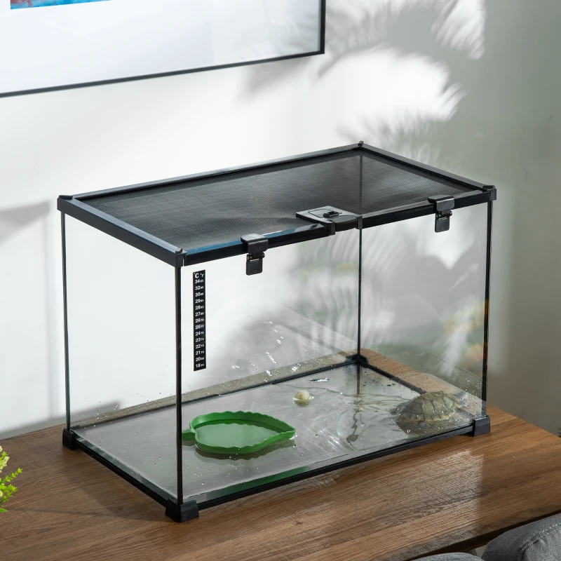 PawHut terrarium voor reptielen glazen terrarium amfibieën spinachtigen met thermometer reptielenkweekbak metaal zwart 50 x 30 x 35 cm