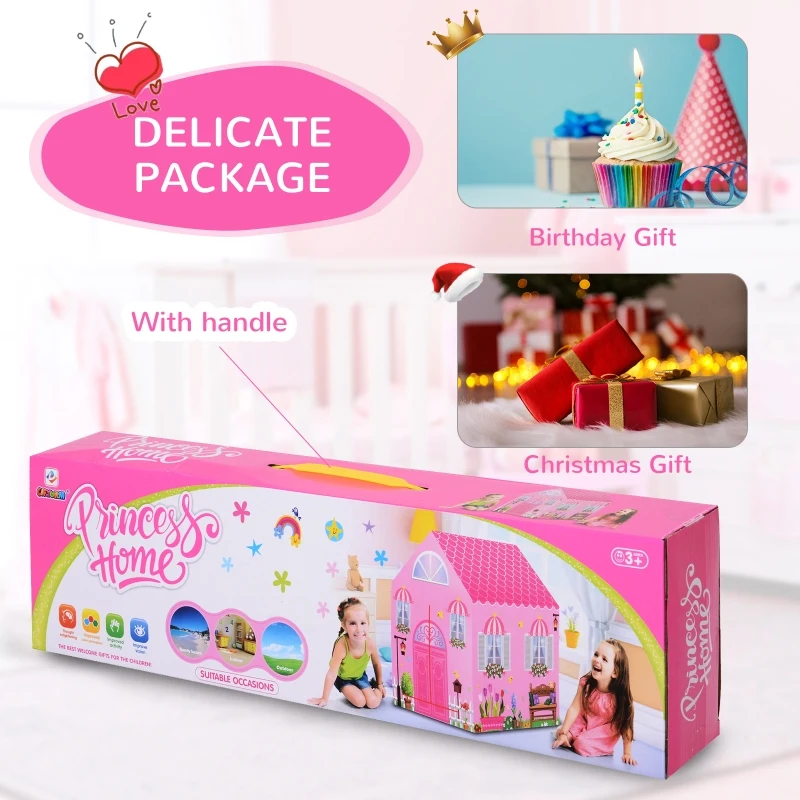 HOMCOM Girls Kids Pink Tent Play Princess House patterned Foldable with Easy Setup Doors Gift