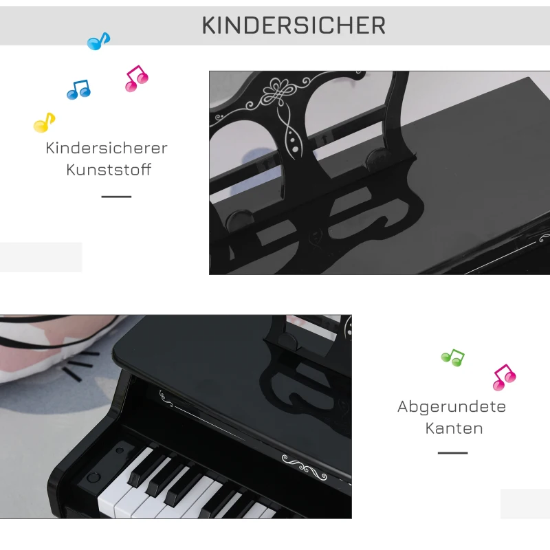 HOMCOM Kinder Elektronisches Klavier Mini-Klavier 25 Tasten Kinderpiano Keyboard für 3-6 Jahre Musikinstrument inkl. Notenpult ABS Schwarz 39,5 x 23,5 x 38,5 cm