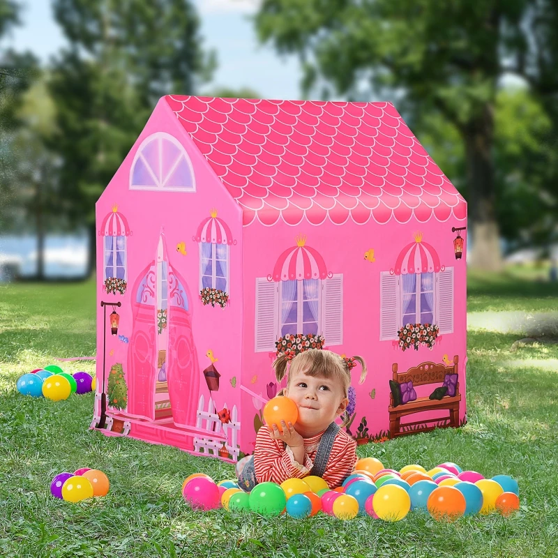 HOMCOM Girls Kids Pink Tent Play Princess House patterned Foldable with Easy Setup Doors Gift