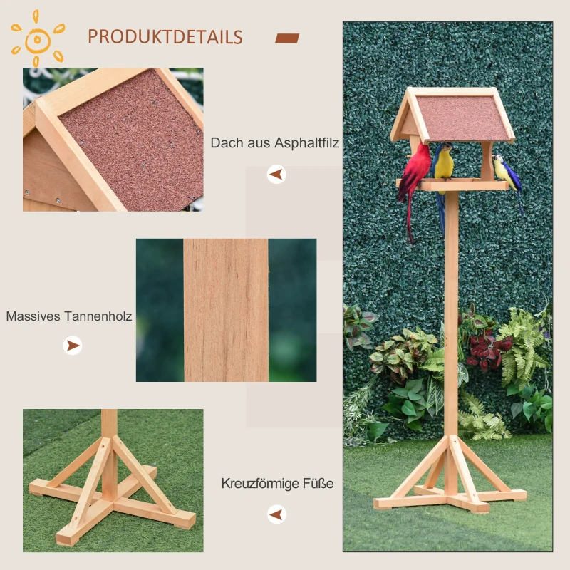 PawHut Domek dla Ptaków na Stojaku z Odpornym na Warunki Pogodowe Dachem, Drewniana Karmnik, Stojak dla Ptaków dla Zewnętrznych Obszarów Naturalnych 55 x 55 x 144 cm