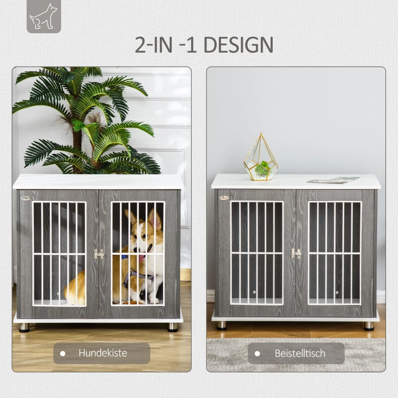 PawHut 2 in 1 design hondenbench hondenhok hondentransportbox opvouwbare bijzettafel hondenhok met raam huisdier verstelbare voetsteunen spaanplaat grijs + wit 85 x 55 x 75 cm(m-4)