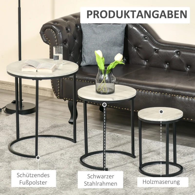 HOMCOM set van 3 bijzettafel nachtkastje decoratief salontafel deksel rieten tafel salontafel salontafel nestbaar opberger MDF metaal zwart + grijs + wit Ø51 x 60 cm / Ø40 x 50 cm / Ø30 x 40 cm
