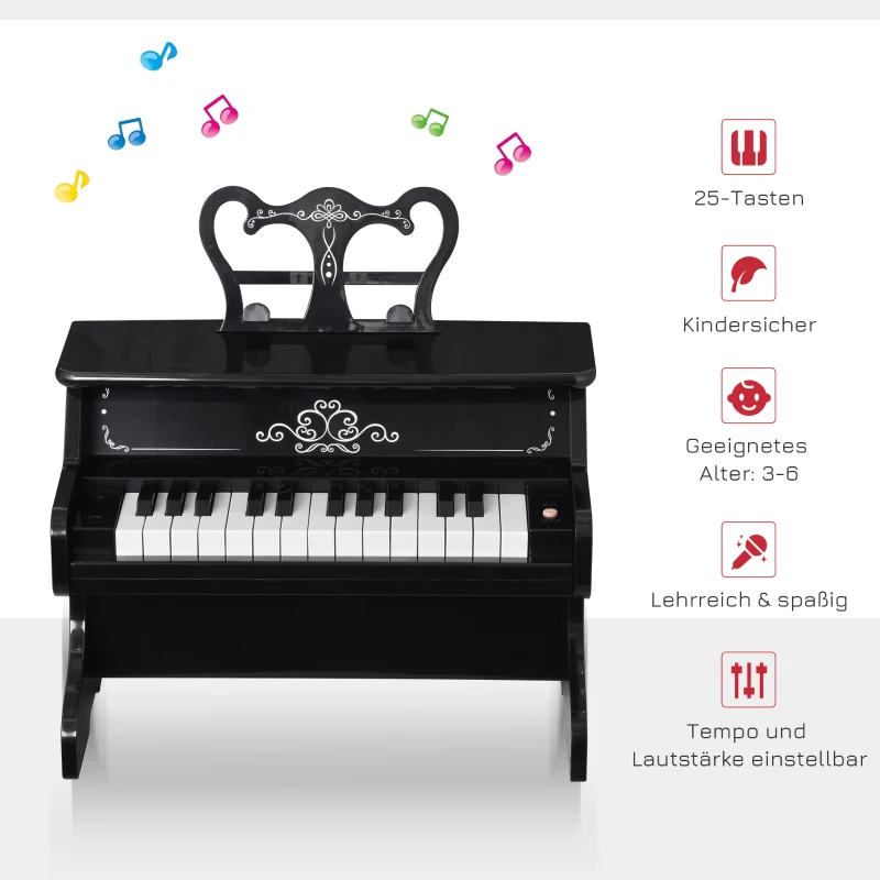 HOMCOM Kinder Elektronisches Klavier Mini-Klavier 25 Tasten Kinderpiano Keyboard für 3-6 Jahre Musikinstrument inkl. Notenpult ABS Schwarz 39,5 x 23,5 x 38,5 cm