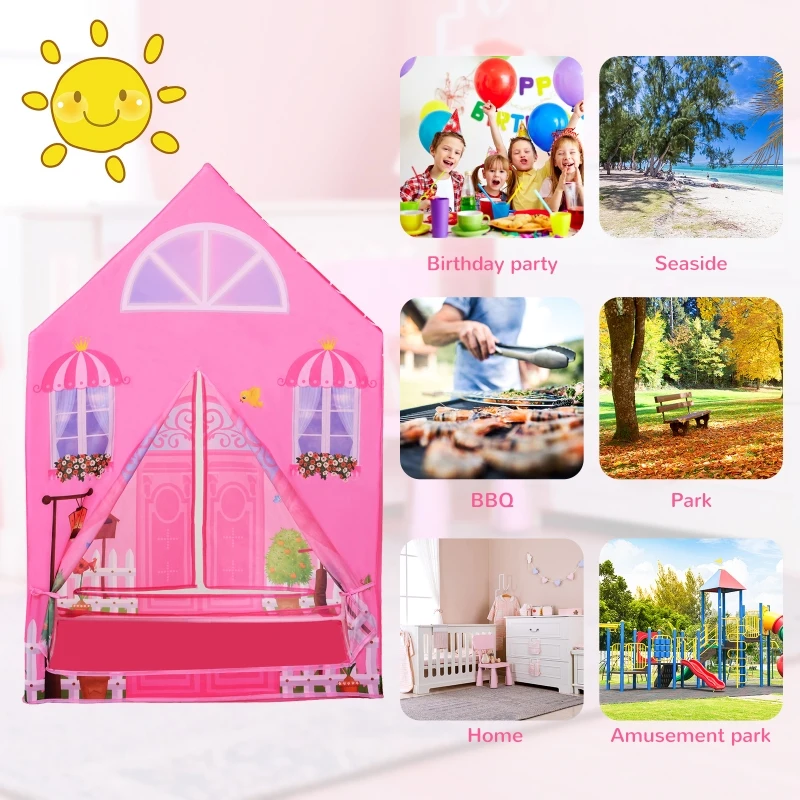 HOMCOM Girls Kids Pink Tent Play Princess House patterned Foldable with Easy Setup Doors Gift