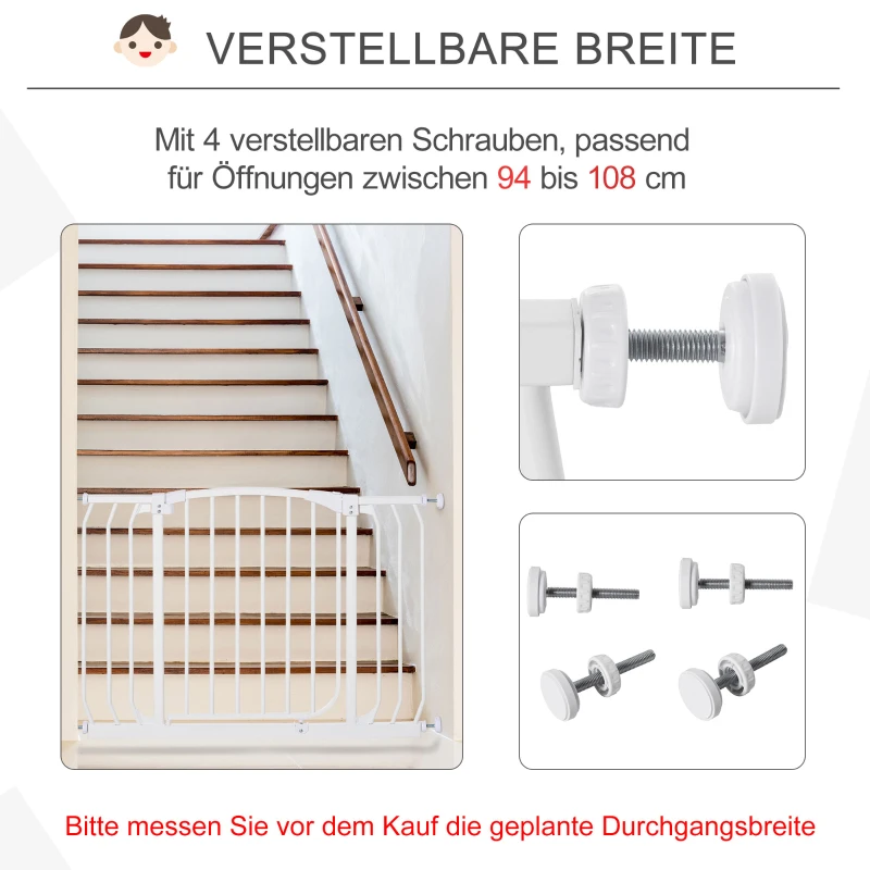 HOMCOM Türschutzgitter Treppenschutzgitter für 6-24 monatliche Kinder Türöffnungen Flure Treppen 97-108 cm breit erweiterbar Weiß