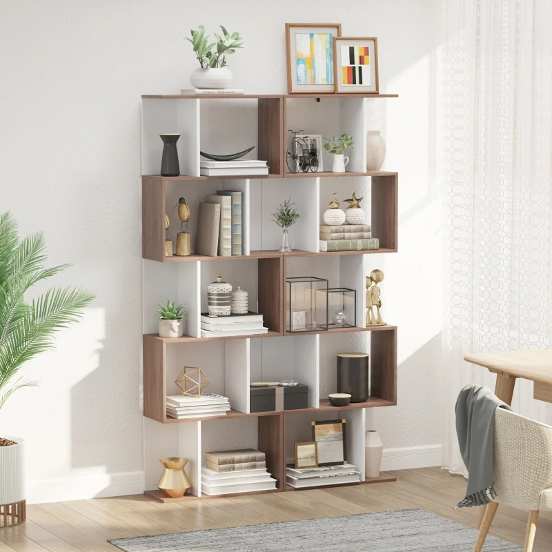 HOMCOM 5-tier Bookcase Storage Display Shelving S Shape design Unit Divider Natural