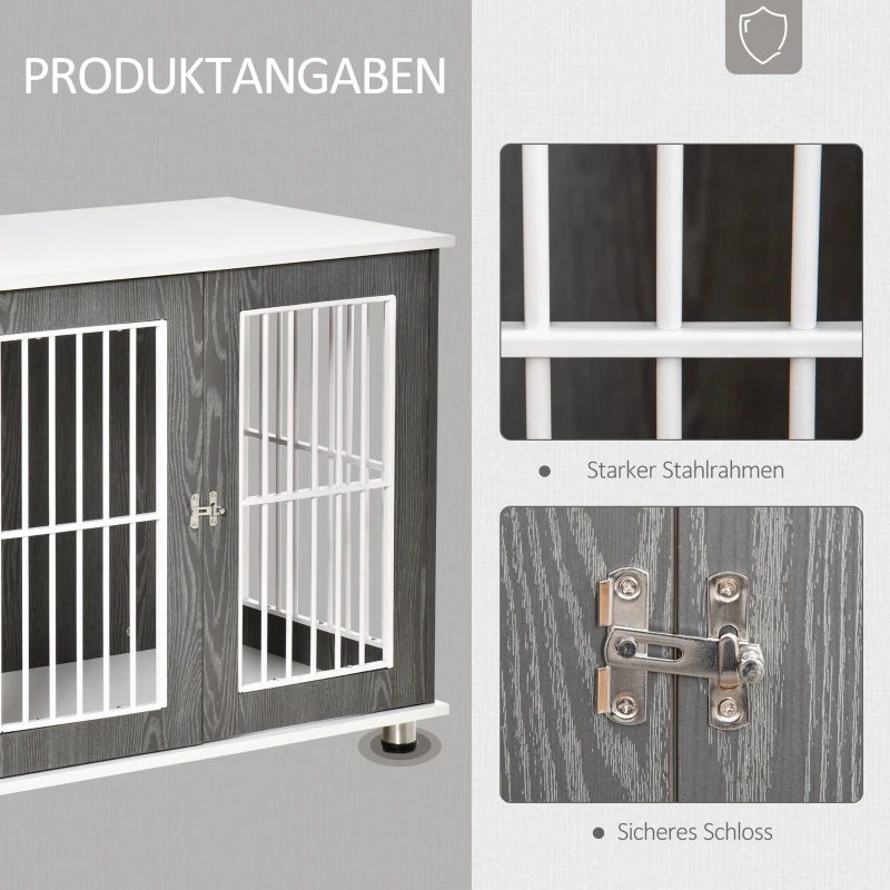 PawHut 2 in 1 design hondenbench hondenhok hondentransportbox opvouwbare bijzettafel hondenhok met raam huisdier verstelbare voetsteunen spaanplaat grijs + wit 85 x 55 x 75 cm(m-5)