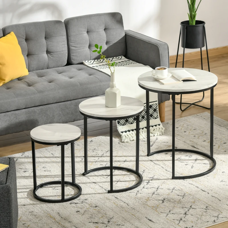 HOMCOM set van 3 bijzettafel nachtkastje decoratief salontafel deksel rieten tafel salontafel salontafel nestbaar opberger MDF metaal zwart + grijs + wit Ø51 x 60 cm / Ø40 x 50 cm / Ø30 x 40 cm