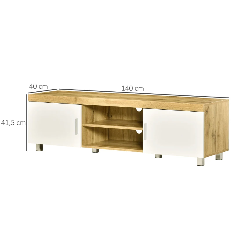 HOMCOM TV-tafel TV-meubel TV-bord TV-meubel TV-meubel TV-ladekast voor TV's tot 63 inch 2 planken en kabelgaten MDF eiken + wit 140 x 40 x 41,5 cm