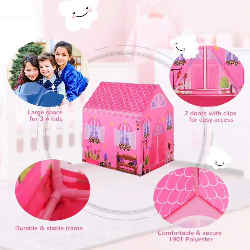 HOMCOM Girls Kids Pink Tent Play Princess House patterned Foldable with Easy Setup Doors Gift