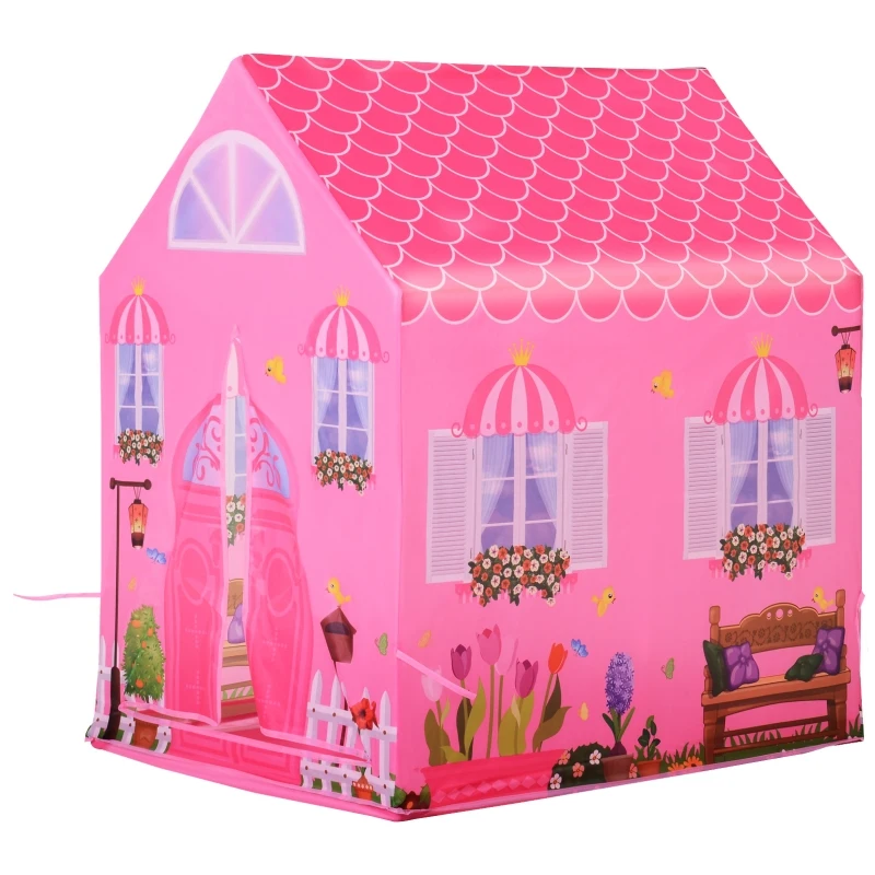 HOMCOM Girls Kids Pink Tent Play Princess House patterned Foldable with Easy Setup Doors Gift