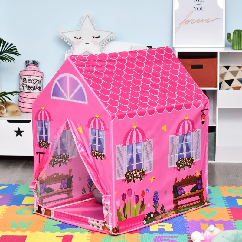 HOMCOM Girls Kids Pink Tent Play Princess House patterned Foldable with Easy Setup Doors Gift