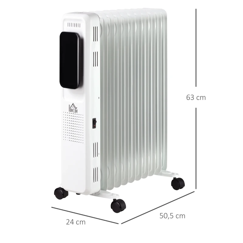HOMCOM olieradiator draagbare elektrische radiator 2290-2720W 3 verwarmingsniveaus 24-uurs timing elektrische verwarming 11 verwarmingsplaten met 4 rollen wit metaal 50,5 x 24 x 63 cm