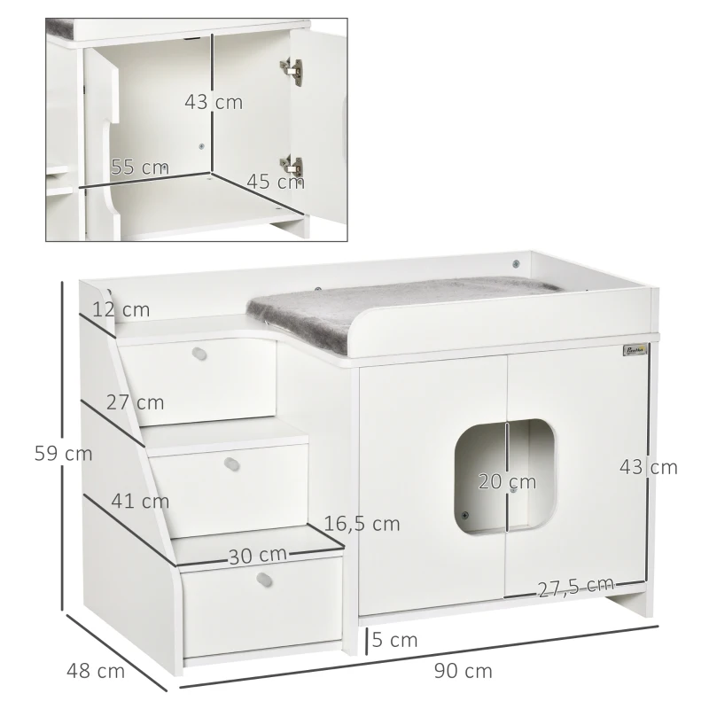 PawHut kattentoilet kattenbak met 3 traptreden kattenhuis kattenkast voor kattenbed met deuropening PB paneel wit 90 x 48 x 59 cm