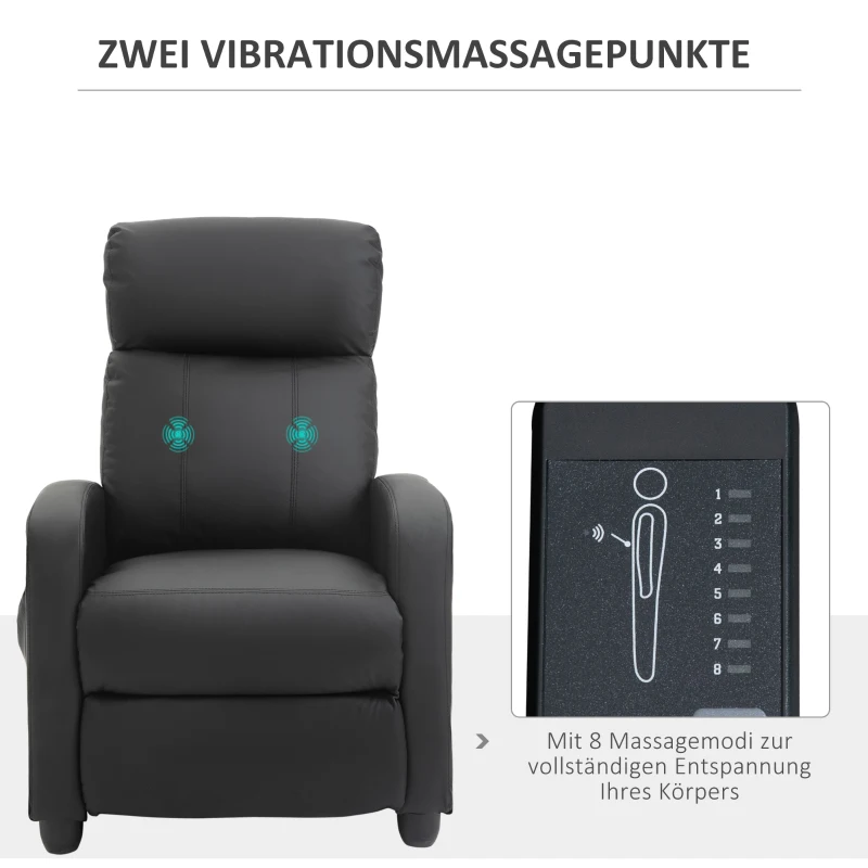 HOMCOM massagestoel relaxstoel TV-stoel massagefunctie ligfunctie rugleuning met rugleuning 2-punts massage kunstleer schuim PP kunststof zwart 68 x 88 x 98 cm