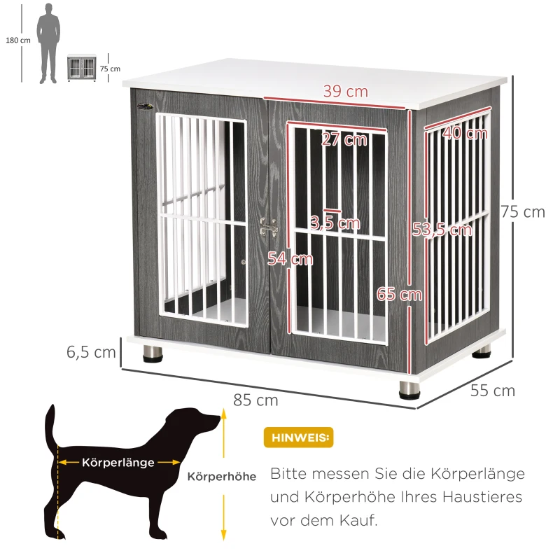 PawHut 2 in 1 design hondenbench hondenhok hondentransportbox opvouwbare bijzettafel hondenhok met raam huisdier verstelbare voetsteunen spaanplaat grijs + wit 85 x 55 x 75 cm(m-3)