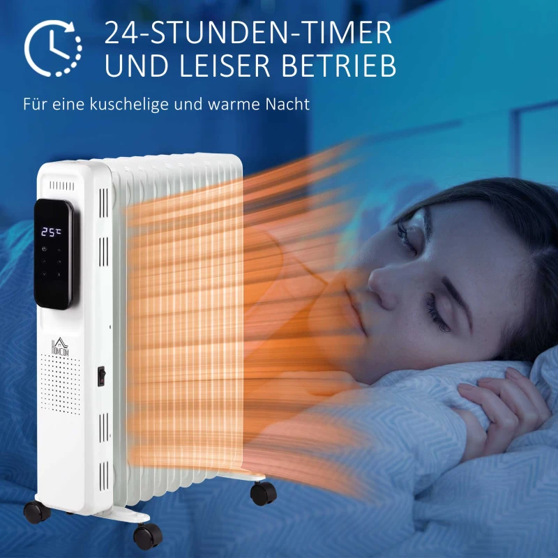 HOMCOM olieradiator draagbare elektrische radiator 2290-2720W 3 verwarmingsniveaus 24-uurs timing elektrische verwarming 11 verwarmingsplaten met 4 rollen wit metaal 50,5 x 24 x 63 cm