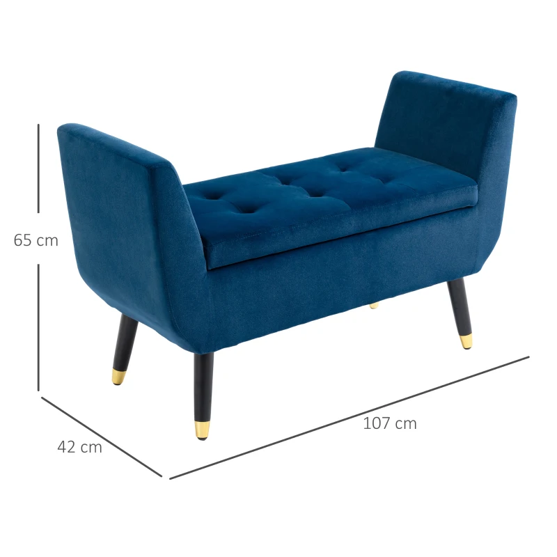 HOMCOM luxe bank gestoffeerde bank met opbergruimte armleuningen bank fluweelzacht polyester rubber hout blauw 107 x 42 x 65 cm