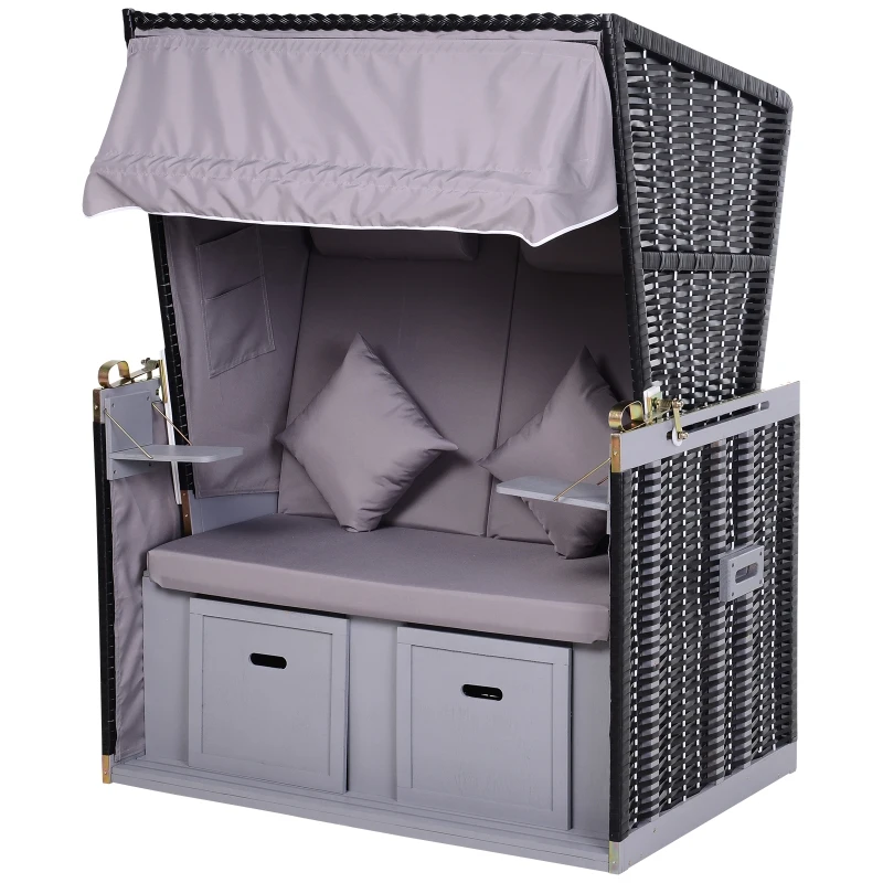 Outsunny Sdraio da Spiaggia Reclinabile a 2 Posti con Tettuccio Parasole e Cassetti, Grigio