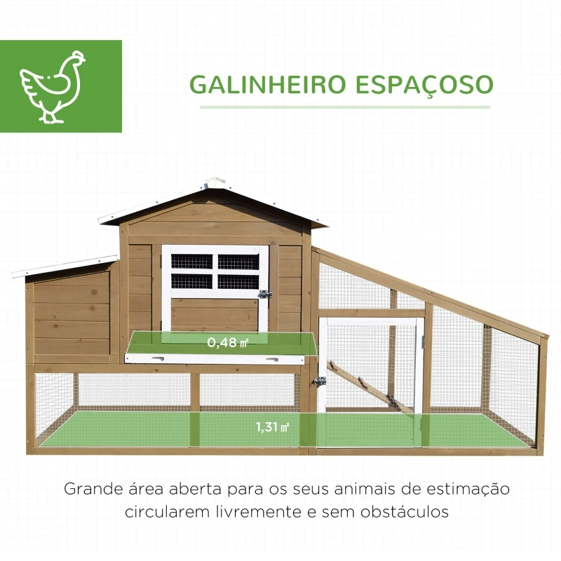 PawHut Galinheiro de Madeira Exterior Gaiola para 2-4 Galinhas com Grade de Arame Tetos Asfálticos Ninho Bandeja Removível Rampa e Zona Aberta 200x80x105cm Natural e Preto