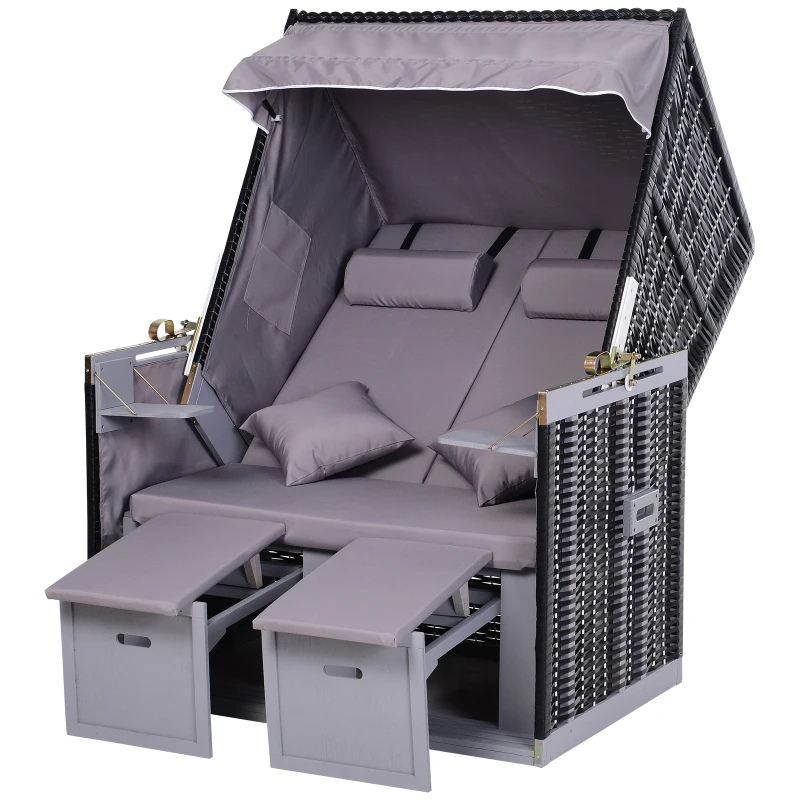 Outsunny Sdraio da Spiaggia Reclinabile a 2 Posti con Tettuccio Parasole e Cassetti, Grigio