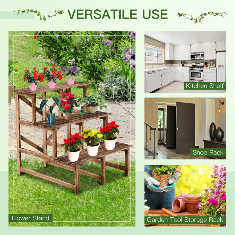Outsunny Suport pentru Ghivece cu 3 Niveluri din Lemn de Brad, 80x80x78 cm, Lemn Natural