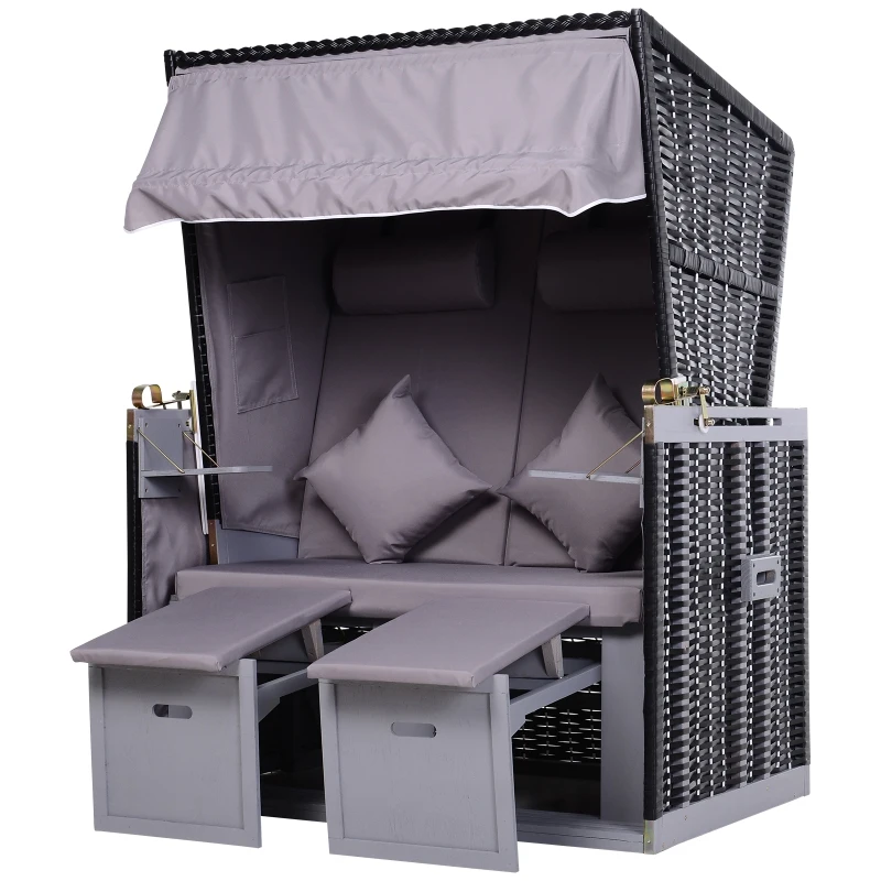 Outsunny Sdraio da Spiaggia Reclinabile a 2 Posti con Tettuccio Parasole e Cassetti, Grigio