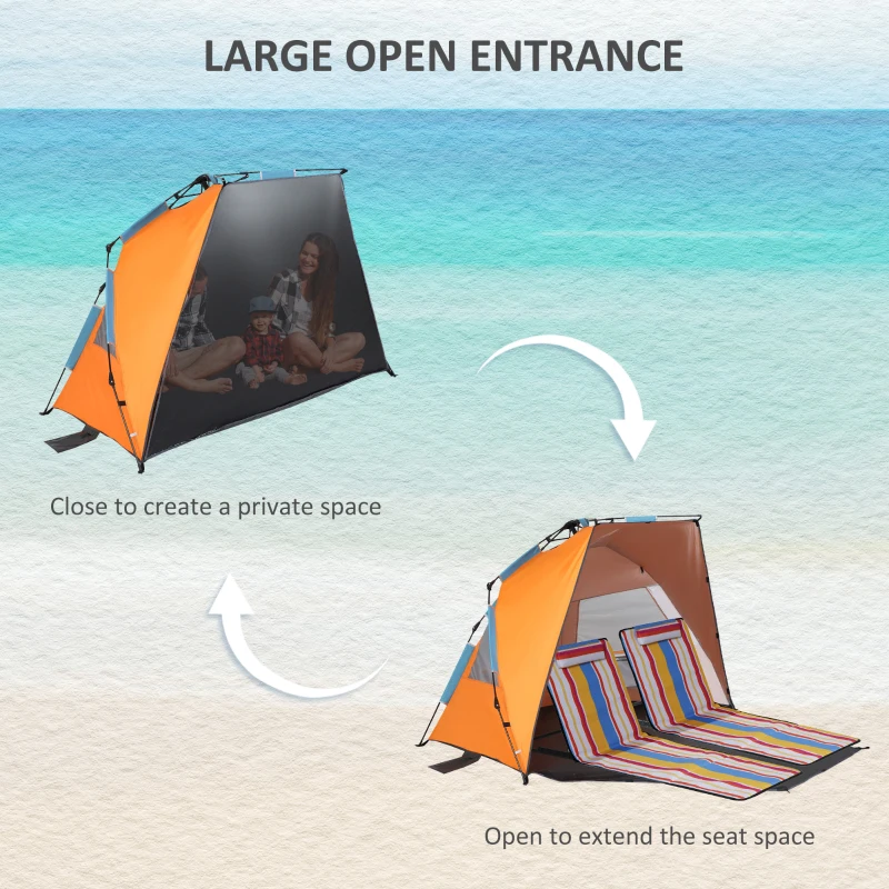 Outsunny Pop Up Beach Tent, Easy Set Up Sun Shelter, Portable Instant Beach Canopy w/ Extended Porch, Sandbags, Mesh Screen Windows and Carry Bag for 1-2 Person