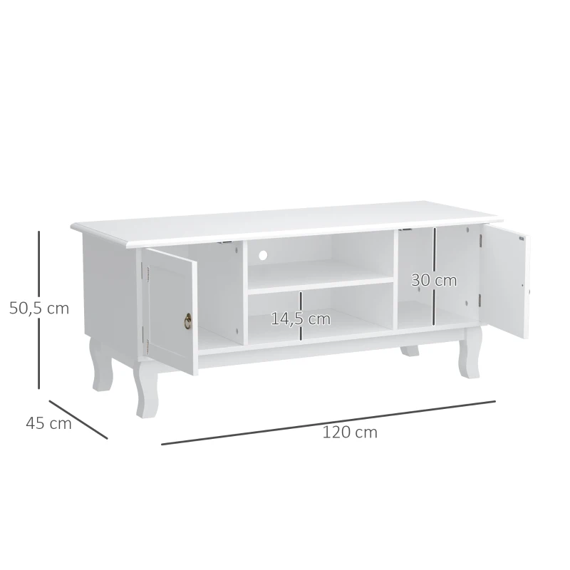HOMCOM Suport pentru TV cu Dulap din MDF si lemn de Pin Stil Clasic, Alb Mat, 120x45x50cm