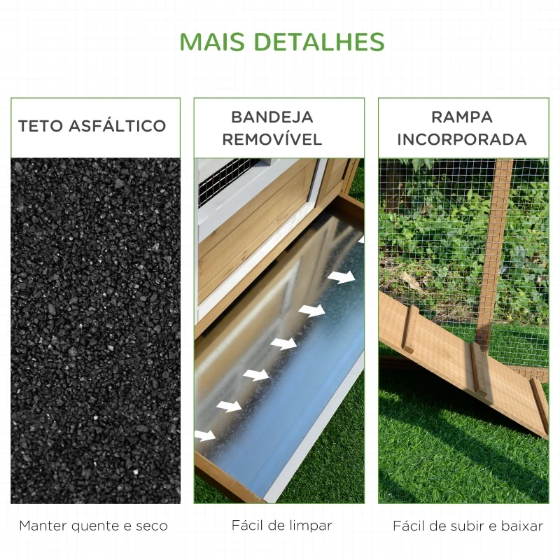 PawHut Galinheiro de Madeira Exterior Gaiola para 2-4 Galinhas com Grade de Arame Tetos Asfálticos Ninho Bandeja Removível Rampa e Zona Aberta 200x80x105cm Natural e Preto