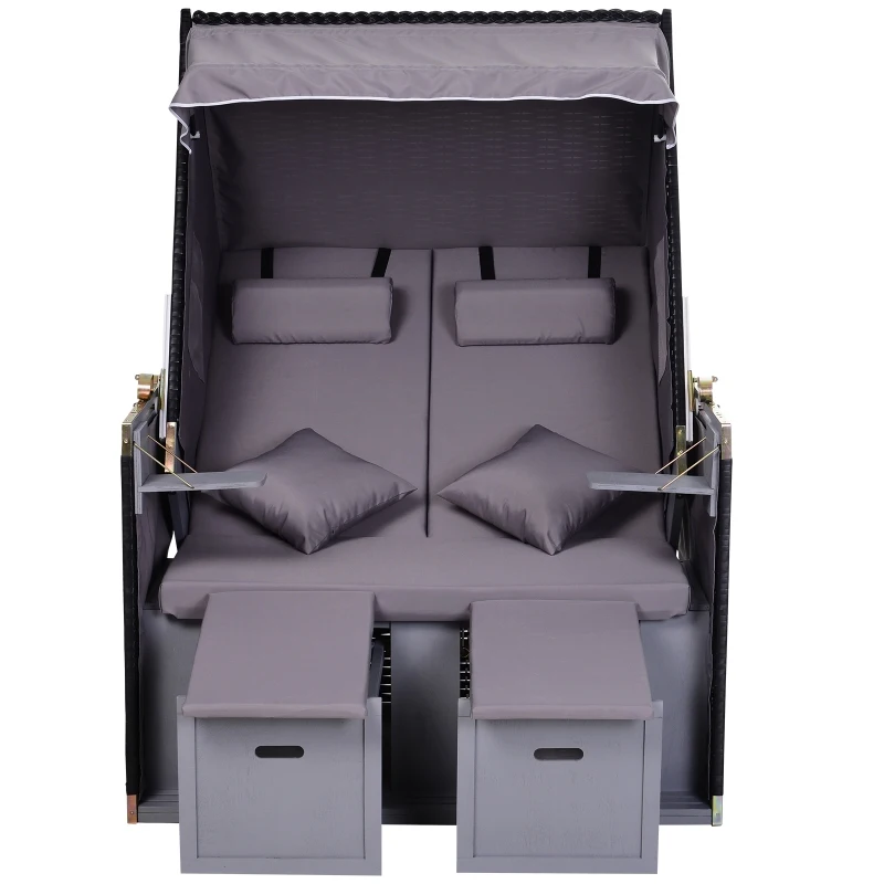 Outsunny Sdraio da Spiaggia Reclinabile a 2 Posti con Tettuccio Parasole e Cassetti, Grigio