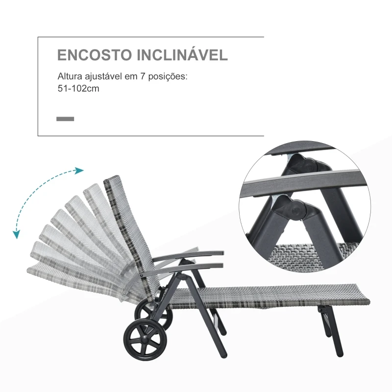 Outsunny Espreguiçadeira de vime para Jardim 192x74x55 cm com 7 Posições Encosto Reclinável Apoio de Braços e Rodas Estrutura de Alumínio para Varanda Cinza
