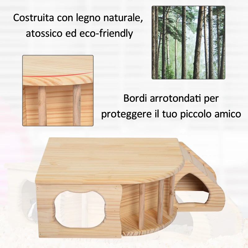 PawHut Casetta Gioco per Roditori e Piccoli Animali in Legno di Abete Naturale, Accessorio per Gabbie, 60x37x19.7cm