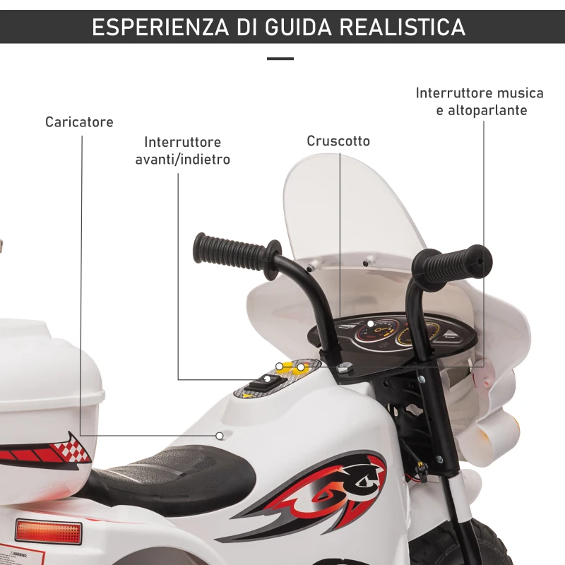 HOMCOM Moto Elettrica 6V per Bambini 18-36 Mesi con 3 Grandi Ruote, Luci e Suoni Realistici, Bianco, 80x35x52cm