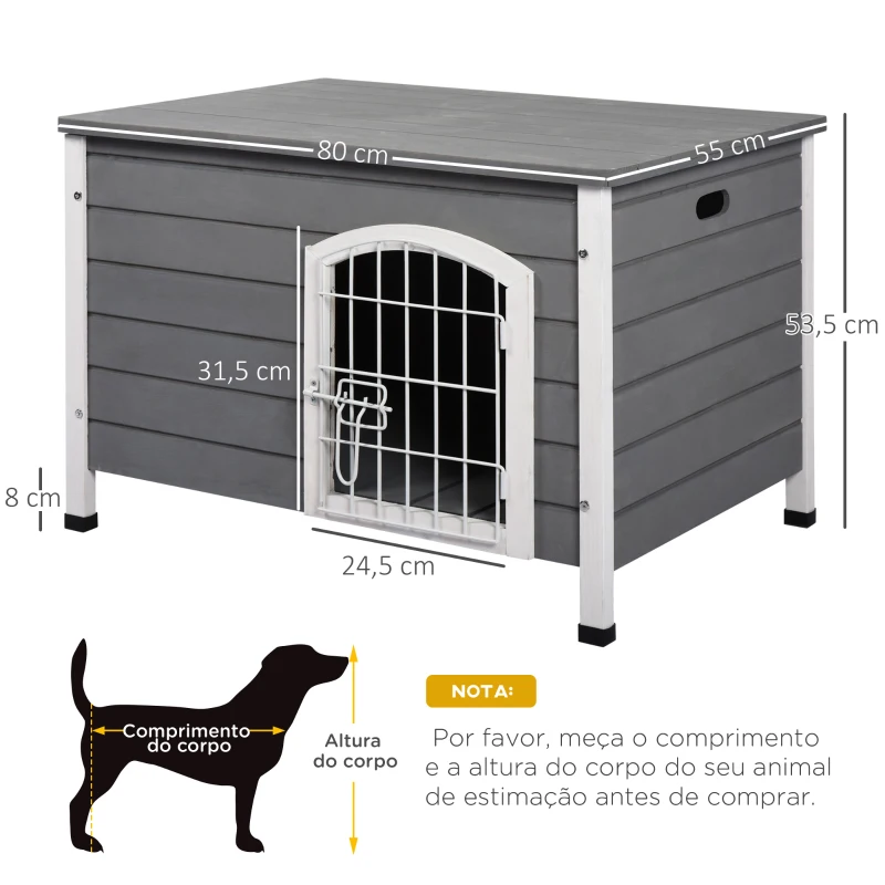 PawHut Casa para Cães de Madeira Gaiola para Animais de Estimação com Porta de Arame com Fechadura e Alças Ocas Laterais para Interior e Exterior 80x55x53,5cm Cinza