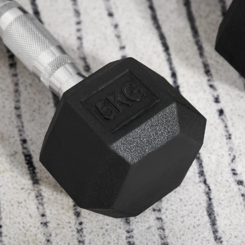 HOMCOM hexagon dumbbells set van 2 gietijzeren dumbbells handvat gekartelde dumbbell set dumbbell set gewichten metaal rubber zwart 2 x 5 KG(m-9)