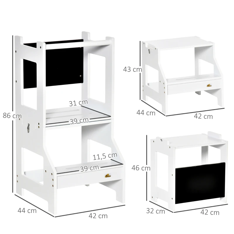 HOMCOM Torre de Aprendizagem para Crianças 3-6 Anos de Madeira Torre de Aprendizagem Infantil Convertível em Secretária com Ardósia e Barra de Segurança para Casa de Banho Cozinha 42x44x86cm Branco