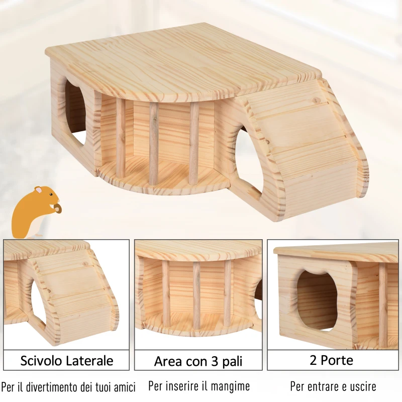 PawHut Casetta Gioco per Roditori e Piccoli Animali in Legno di Abete Naturale, Accessorio per Gabbie, 60x37x19.7cm