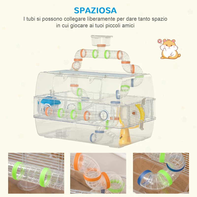 PawHut Gabbia per Criceti Multilivello con Tubi Φ6cm, Casetta per Criceti con Tetto apribile e Accessori Colorati in Plastica Trasparente 70L x 45P x 44Acm