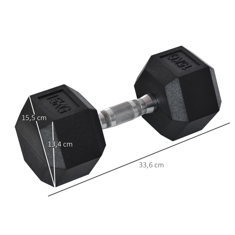 HOMCOM hexagon dumbbell gietijzeren dumbbell rubberen dumbbell handvat gekartelde gewichten metaal rubber zwart 1 x 15 KG(m-3)