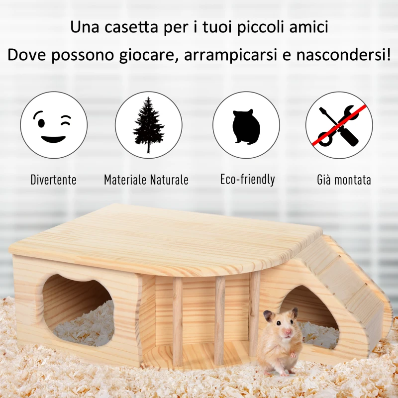 PawHut Casetta Gioco per Roditori e Piccoli Animali in Legno di Abete Naturale, Accessorio per Gabbie, 60x37x19.7cm