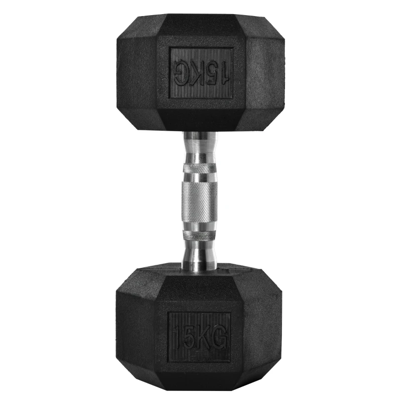 HOMCOM hexagon dumbbell gietijzeren dumbbell rubberen dumbbell handvat gekartelde gewichten metaal rubber zwart 1 x 15 KG(m-11)
