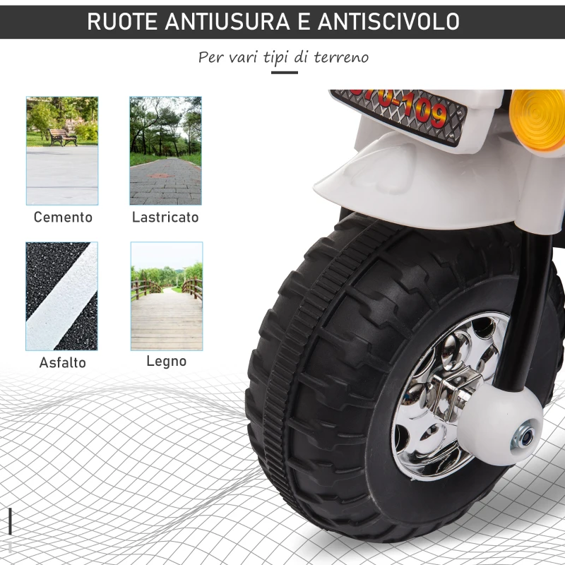 HOMCOM Moto Elettrica 6V per Bambini 18-36 Mesi con 3 Grandi Ruote, Luci e Suoni Realistici, Bianco, 80x35x52cm