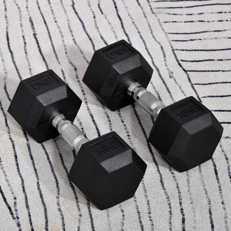 HOMCOM Dumbbells 10 KG Hexagon Dumbbell Set Rubber Hexagon Dumbbells Zwart(m-2)